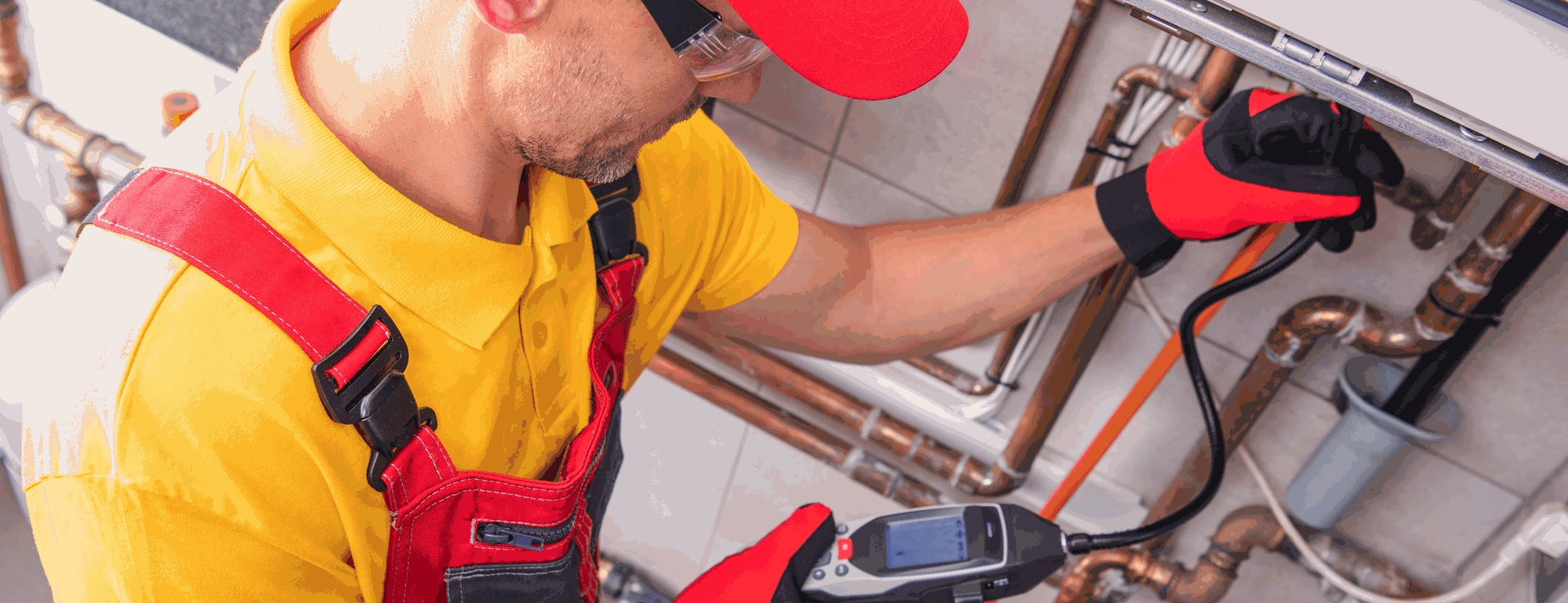Plumber using a handheld leak detector on copper pipes
