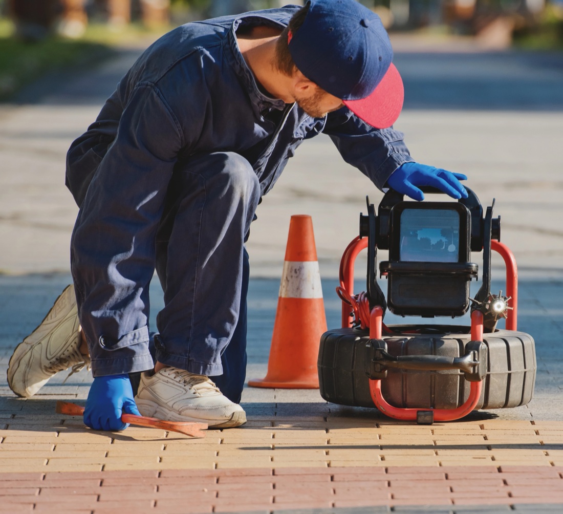 Plumber operating a sewer line inspection camera reel